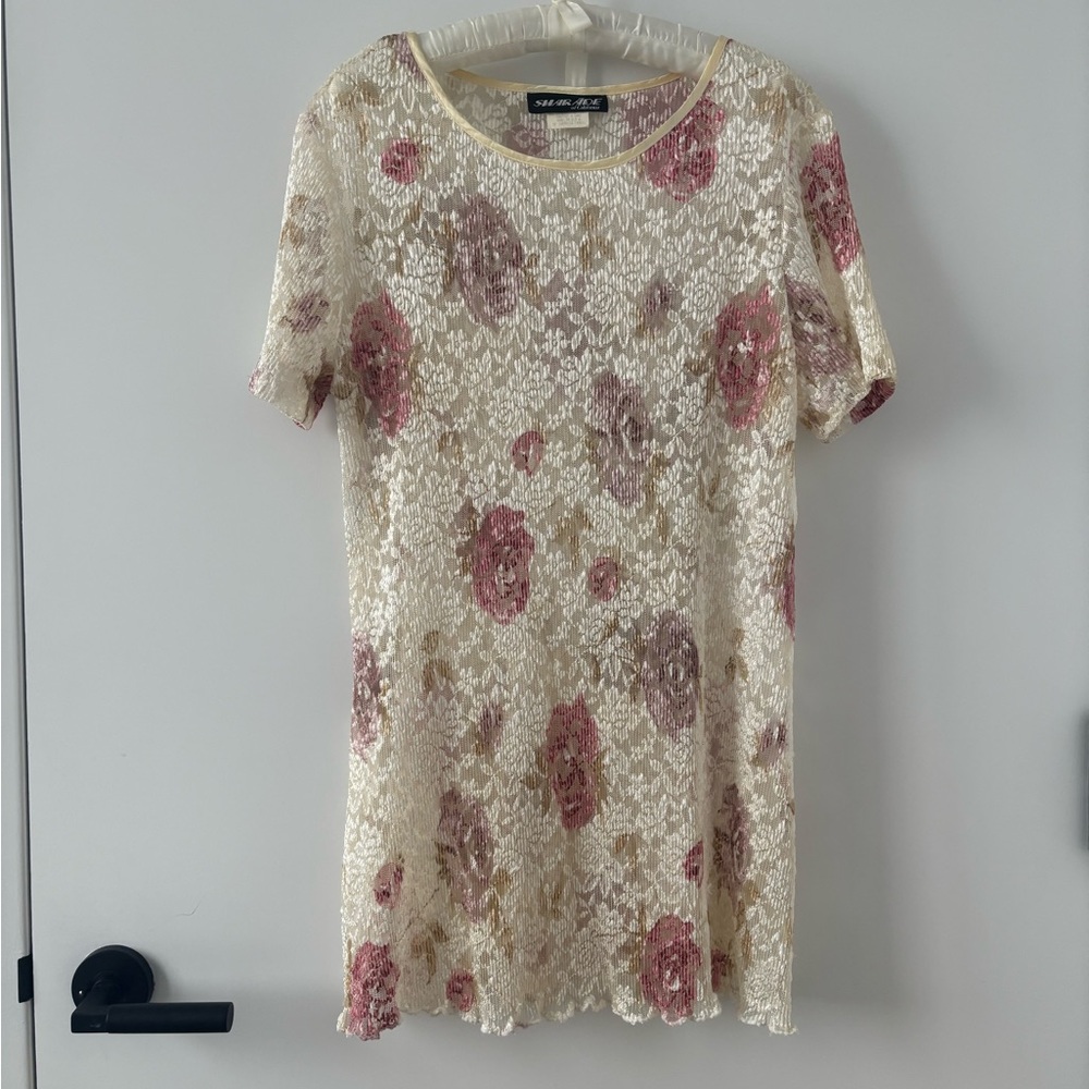 Vintage 80s Sheer Floral Lace Mini Dress Pink Cream Ruffled Hem